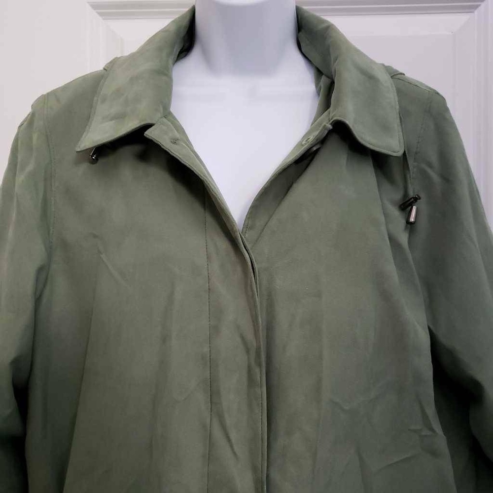Appleseeds Womens Fly-Front Balmacaan Coat Green Lined Removable Hoodie Pocket L